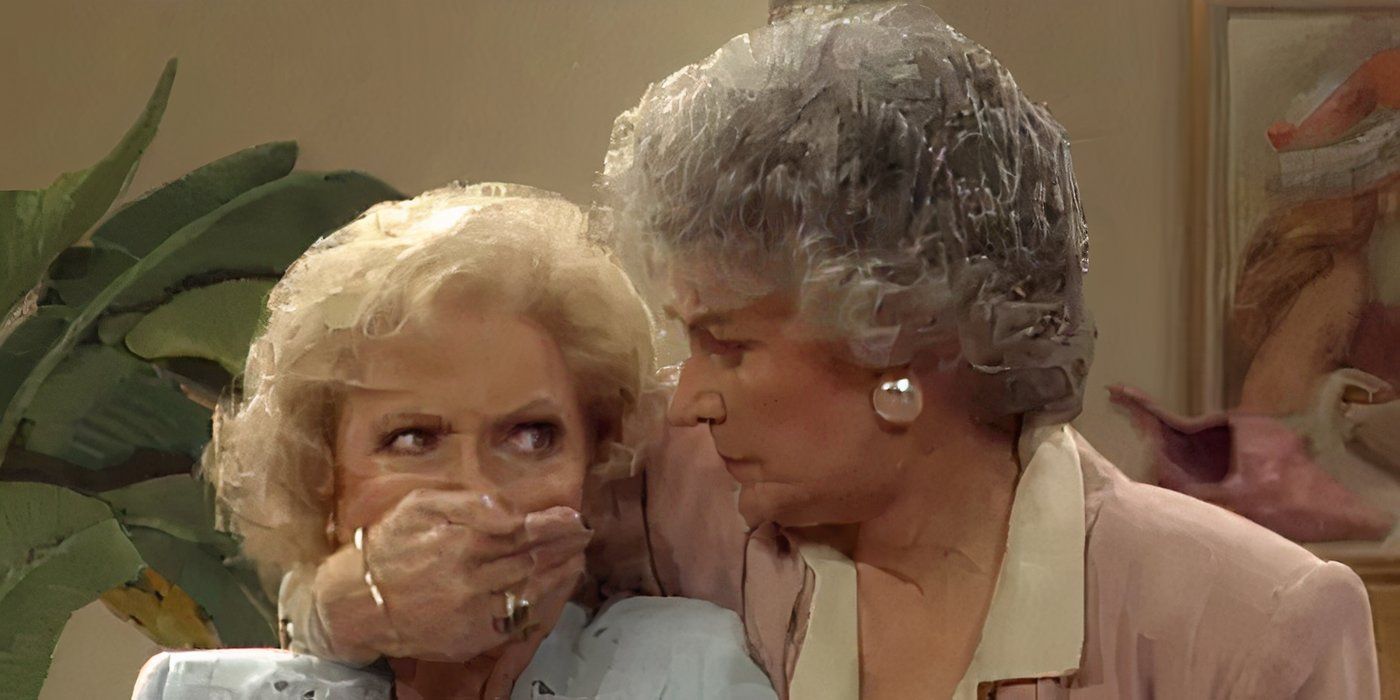 Dorothy looking angrily at Rose while holding her hand over her mouth on The Golden Girls.