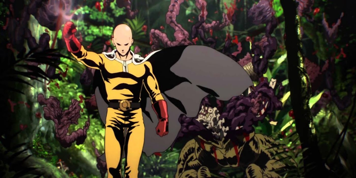 Saitama with his fist held high after punching a monster into pieces in One Punch Man