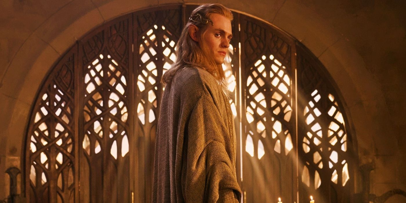 Sauron disguised as Annatar the Elf standing in profile in front of elaborately circular windows