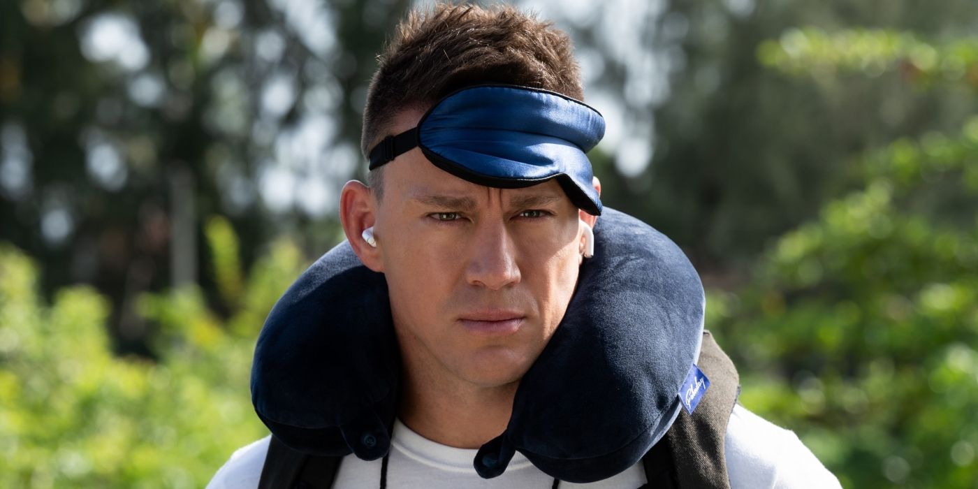 Channing Tatum equipped with an eye mask, neck pillow, and a look of determination as Alan in The Lost City?