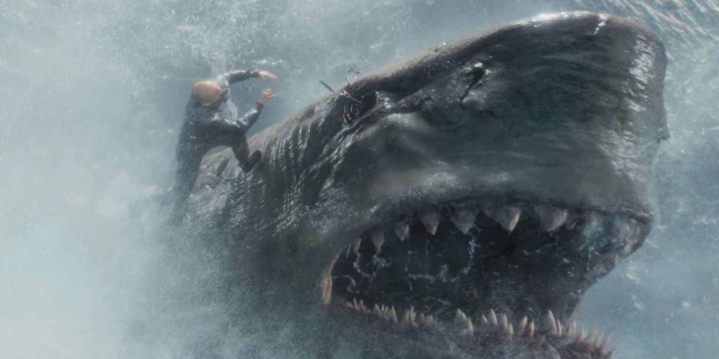 Jason Statham wrestling the shark in The Meg