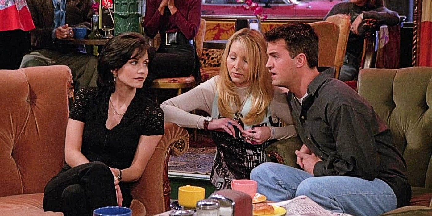 Monica, Phoebe, and Chandler sitting together in Central Perk in Friends Season 2