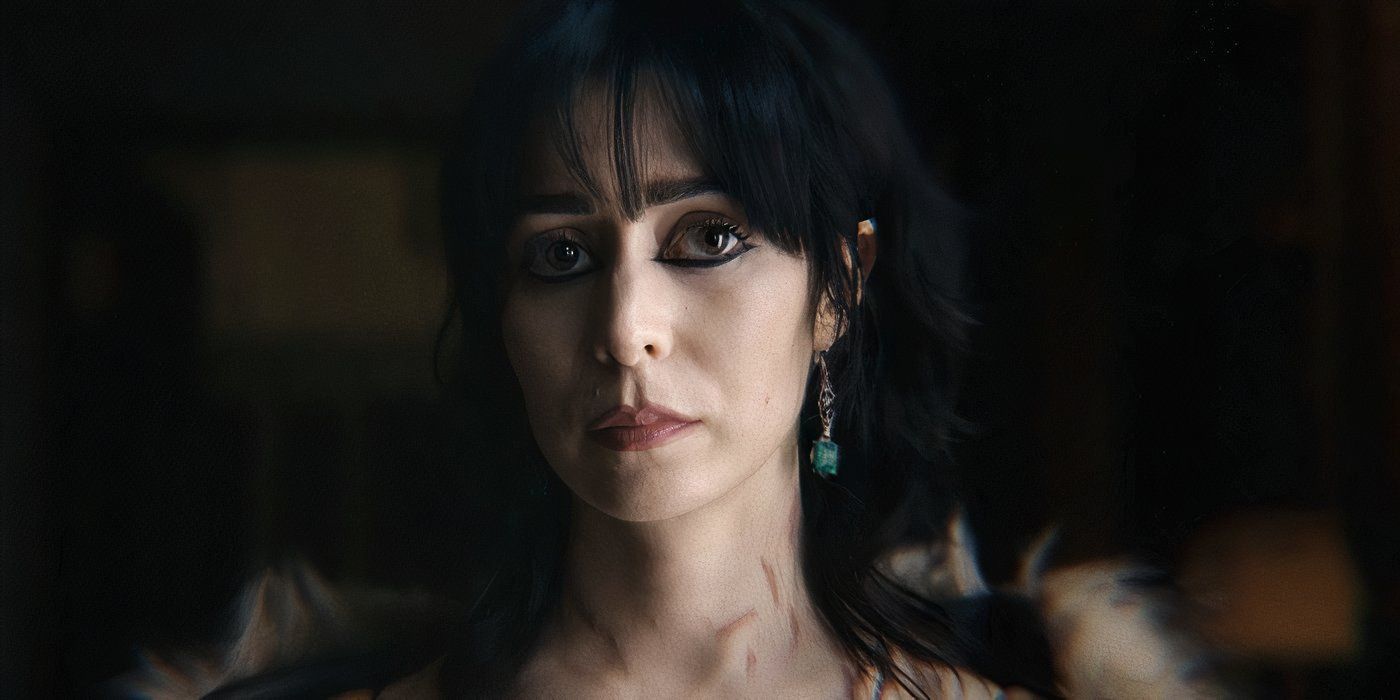 Cristin Milioti as Sofia Falcone looking serious with thick black eyeliner in The Penguin