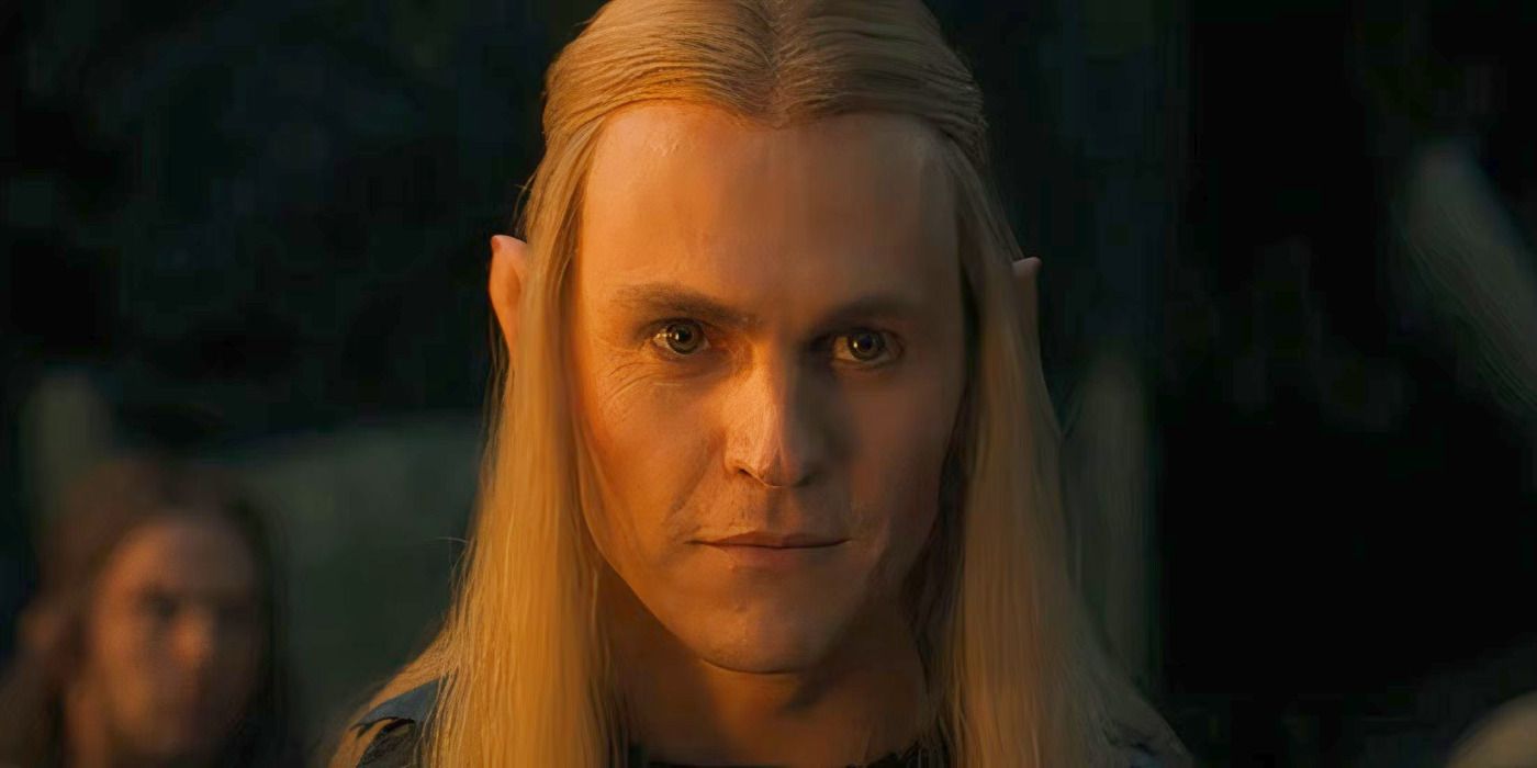 A close up of Sauron in his Annatar the elf disguise (Charlie Vickers) staring ahead with a small smirk in The Rings of Power Season 2