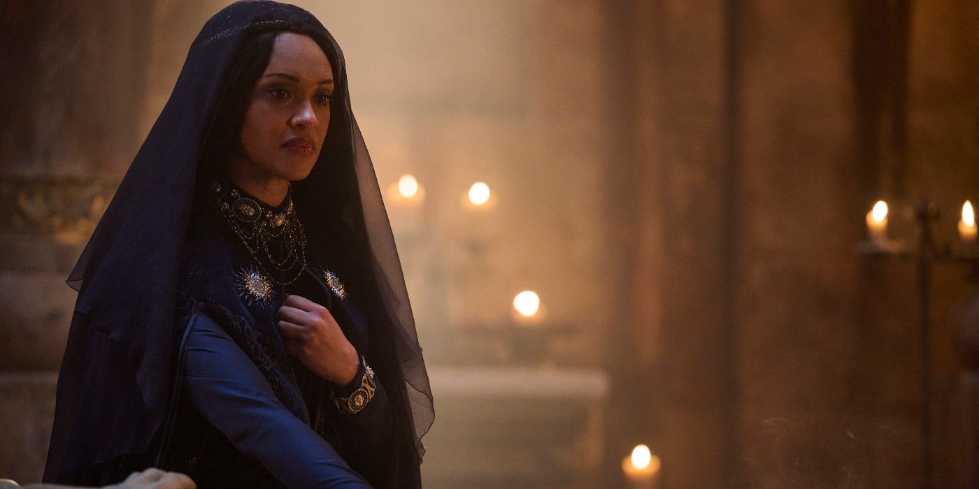 Cynthia Addai-Robinson wearing a funereal shroud in Rings of Power Season 2