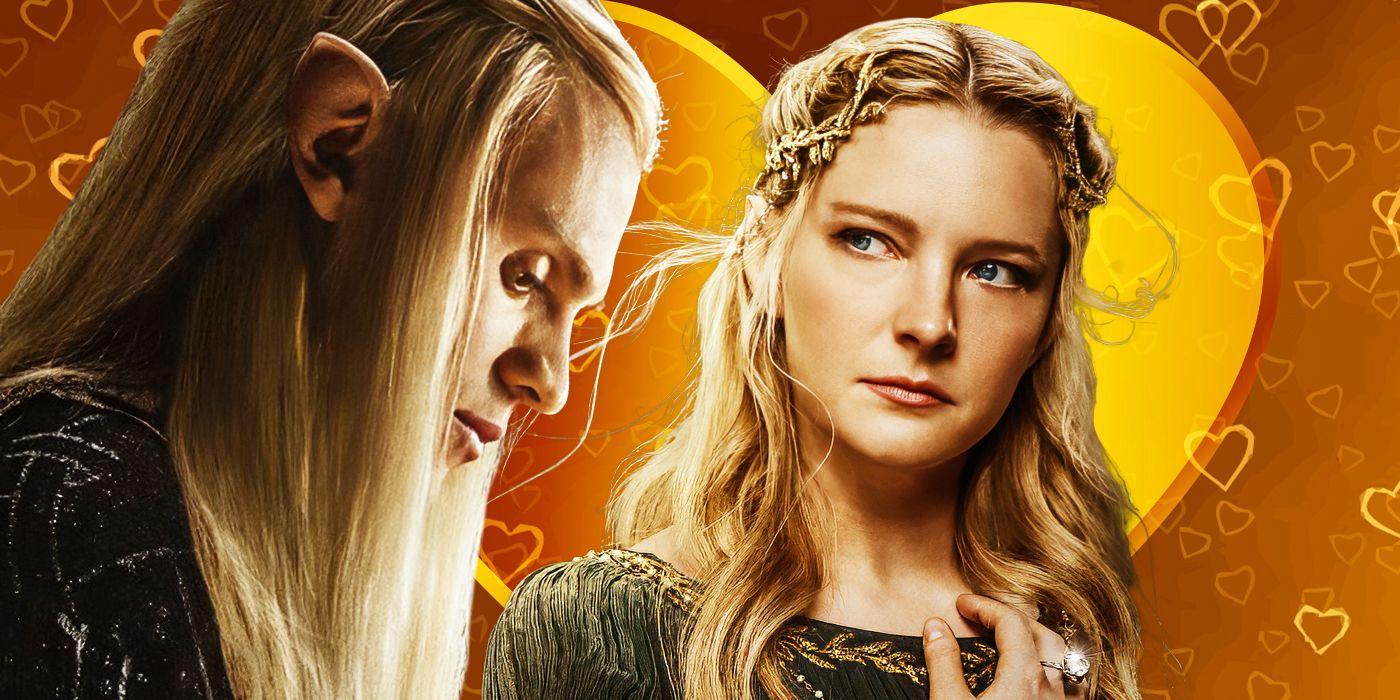 A custom image of Galadriel and Sauron from The Rings of Power Season 2 against an orange and yellow backdrop covered with white hearts