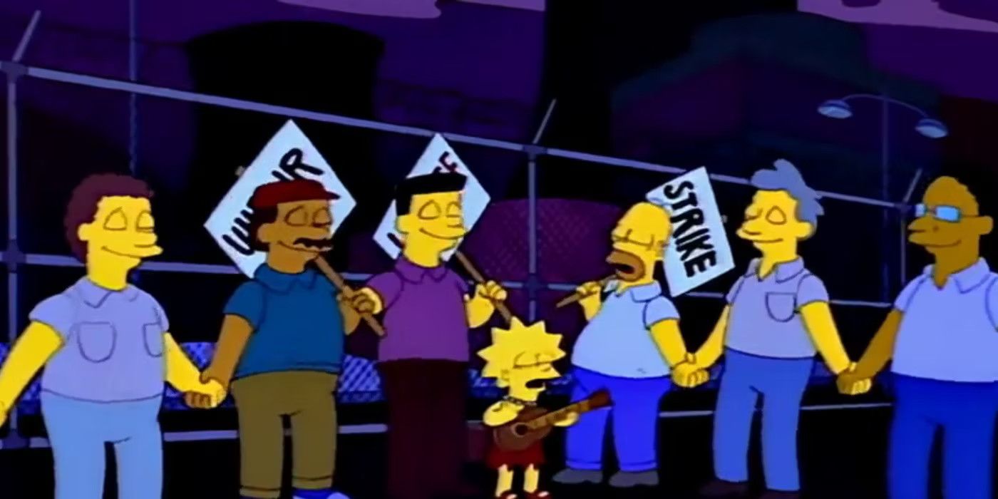 Nuclear workers holding hands and picket signs and singing with Lisa playing guitar in The Simpsons.