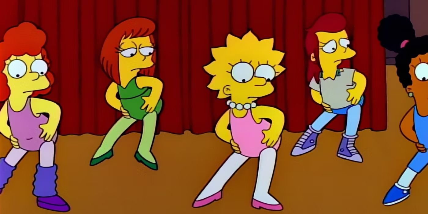 Lisa and other pageant contestants practicing a dance routine on The Simpsons.