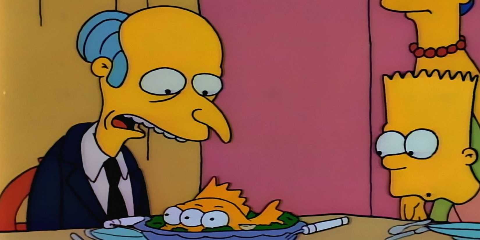 Mr. Burns and Bart stare down at a three-eyed fish on a dinner plate in The Simpsons.