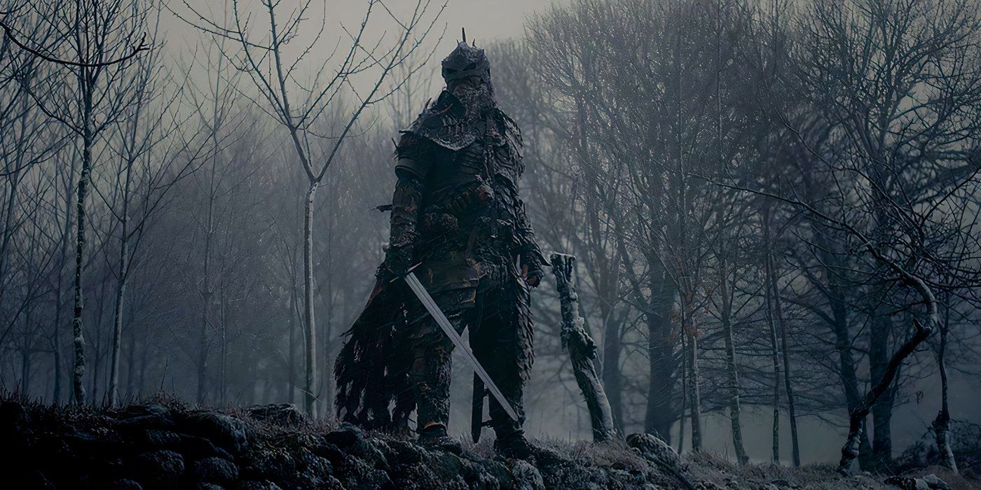 A mysterious armoured figure wearing dark robes standing in a forest in 'The head Hunter'