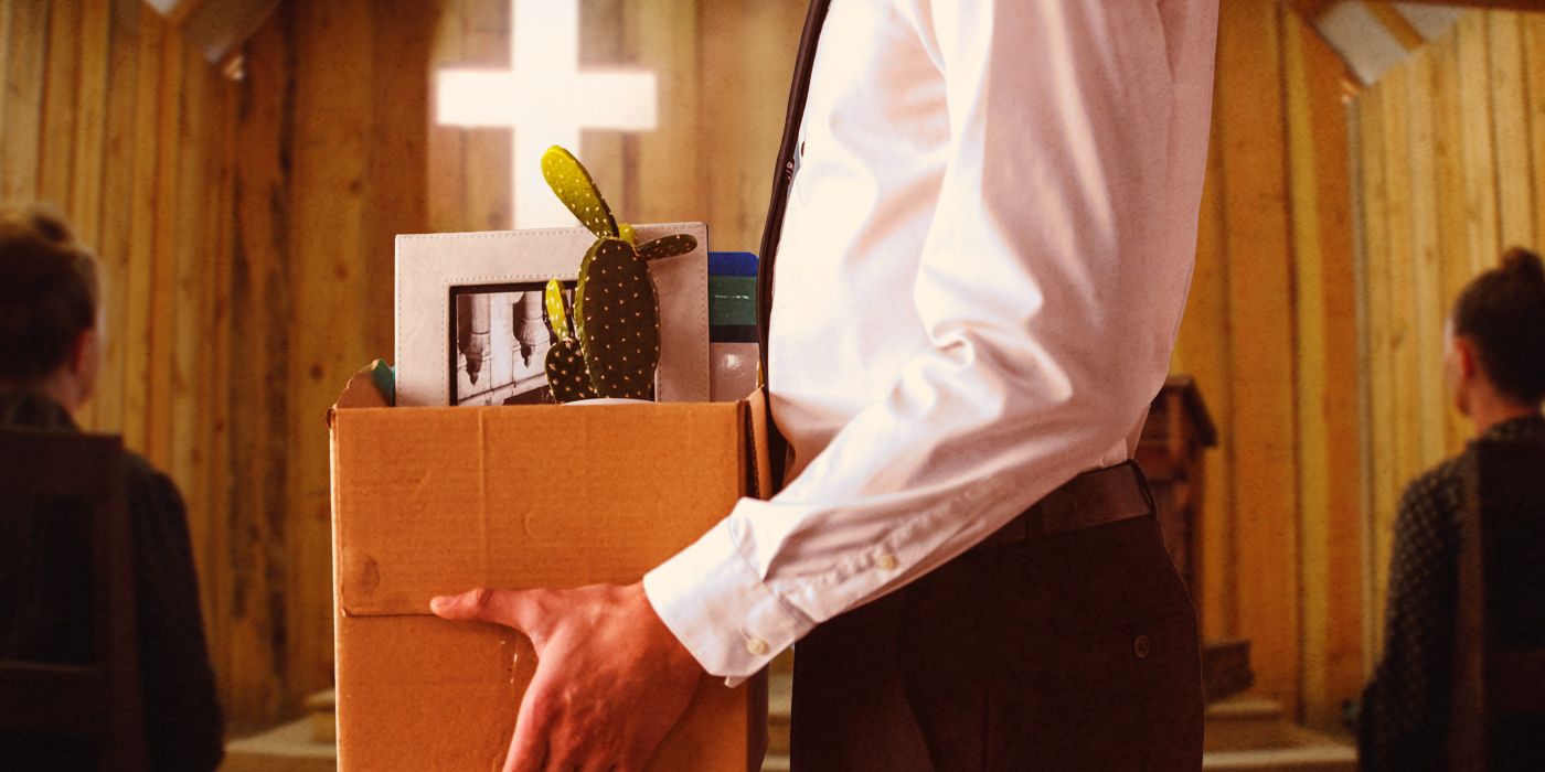 Custom image of a fired man carrying his box against an image of There Will Be Blood