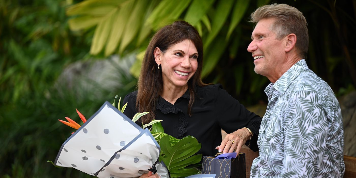 Theresa Nist holds flowers on a date with Gerry Turner on 'The Golden Bachelor'.