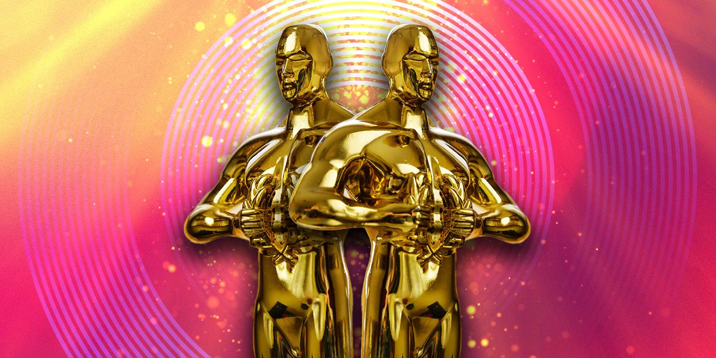 Two Oscars Statuettes against a bright pink and yellow background