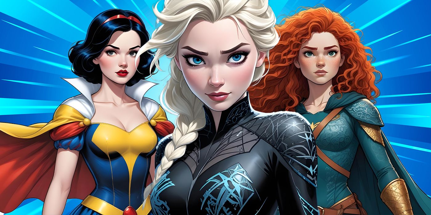 Custom image of Snow White, Elsa, and Merida dressed as superheroes against a blue background