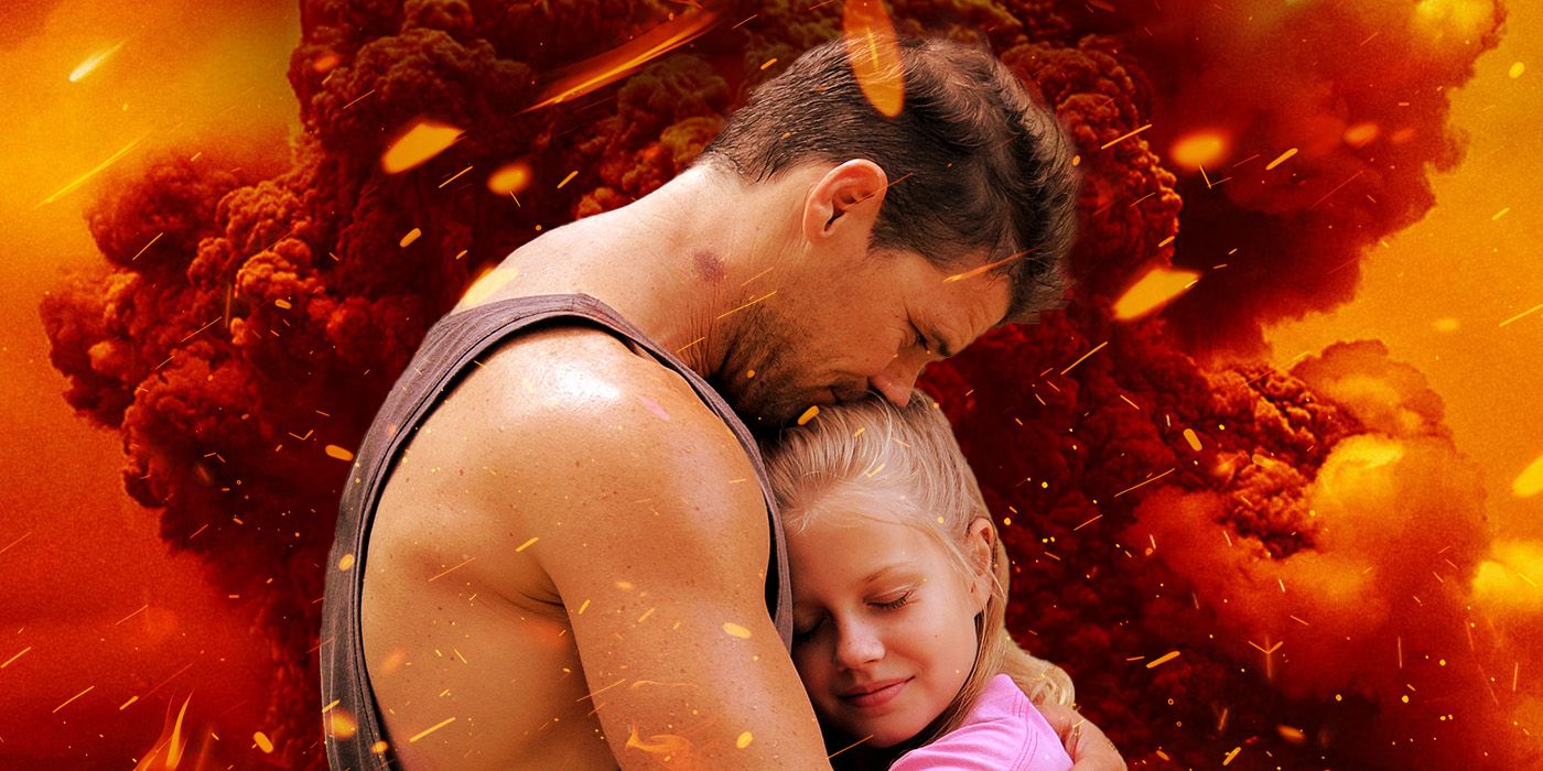 Nathan Phillips as James and Angourie Rice as Rose from These Final Hours against a fiery background