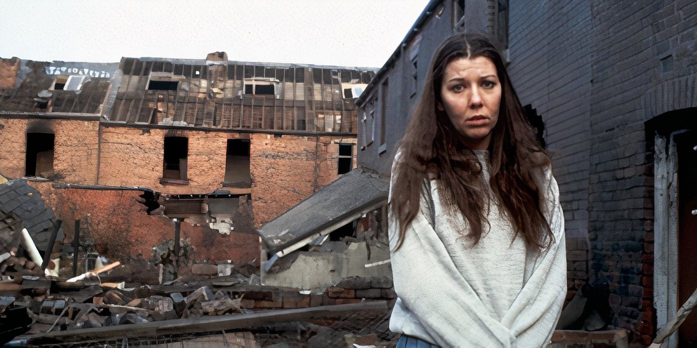 A woman looking at the camera while standing in a wrecked city in Threads