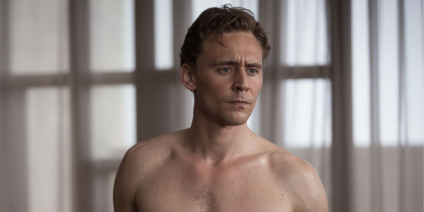 A shirtless Tom Hiddleston in High Rise.