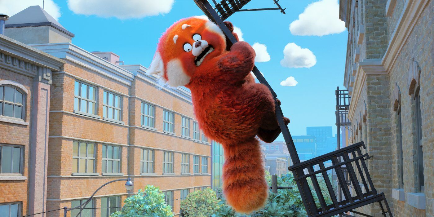 Mei as a giant red panda clings nervously to a fire escape ladder high above the city in Turning Red.