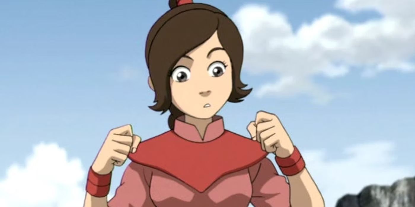 Ty Lee looks shocked, standing outside with a blue sky in Avatar: The Last Airbender.