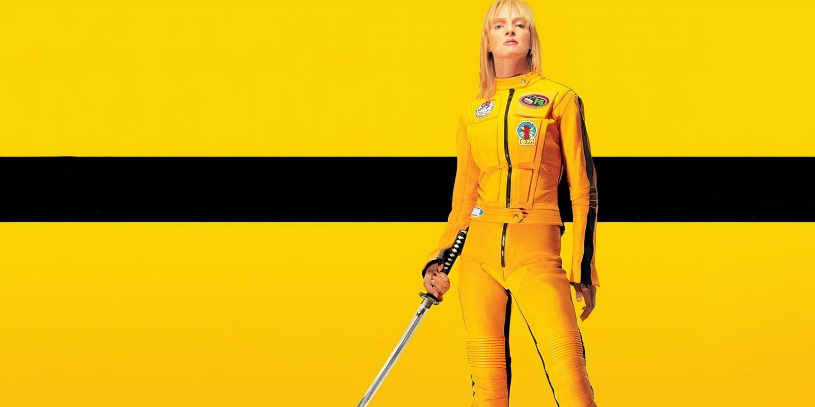 Uma Thurman in Kill Bill Vol. 1 against a yellow background
