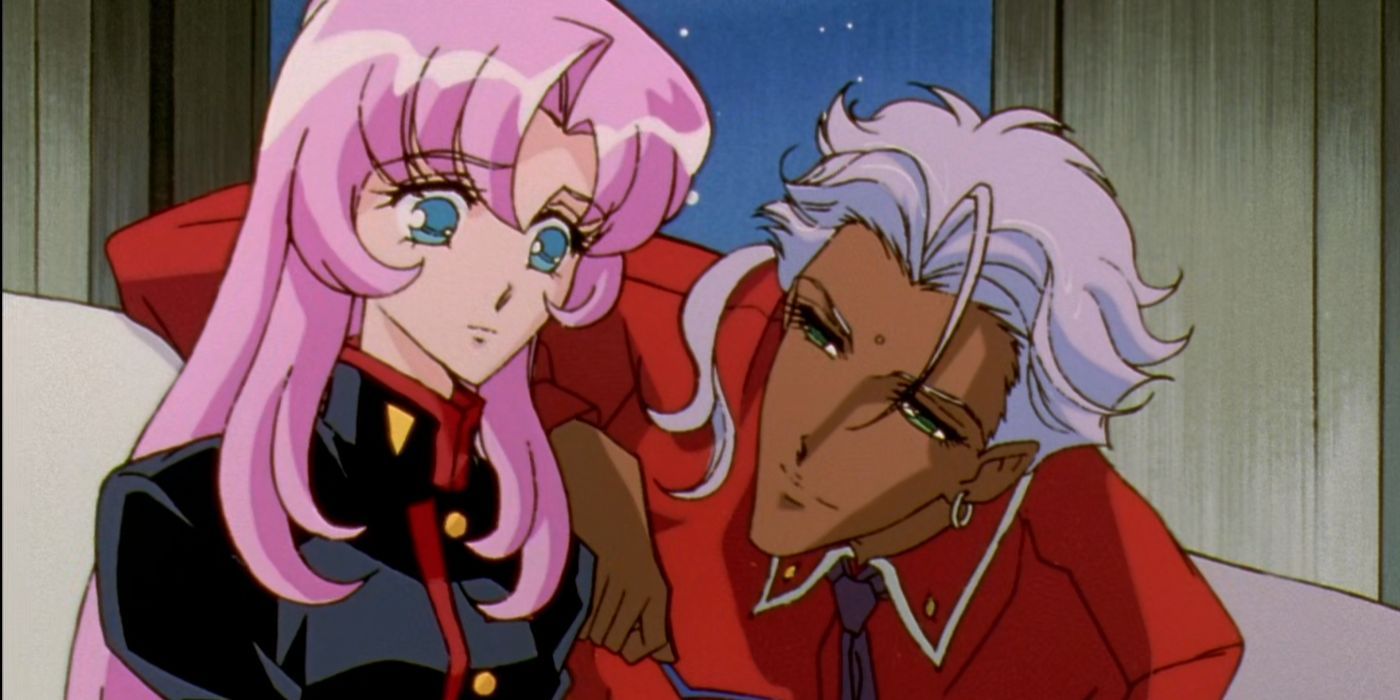 Cuando Akio se inclina hacia Utena, la Chica Revolucionaria Utena parece un poco nerviosa e incómoda.