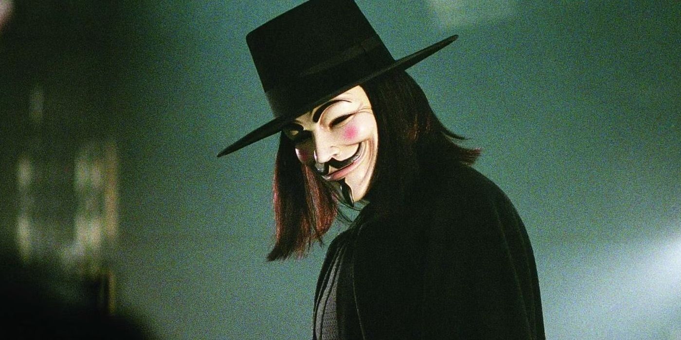 V standing with his head titled in V for Vendetta