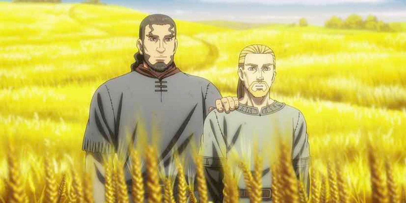 Thorfinn and Thors standing in a field of wheat in Vinland Saga Season 2