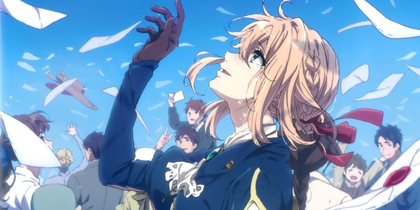 Violet staring up at the blue sky as letters fall in Violet Evergarden.