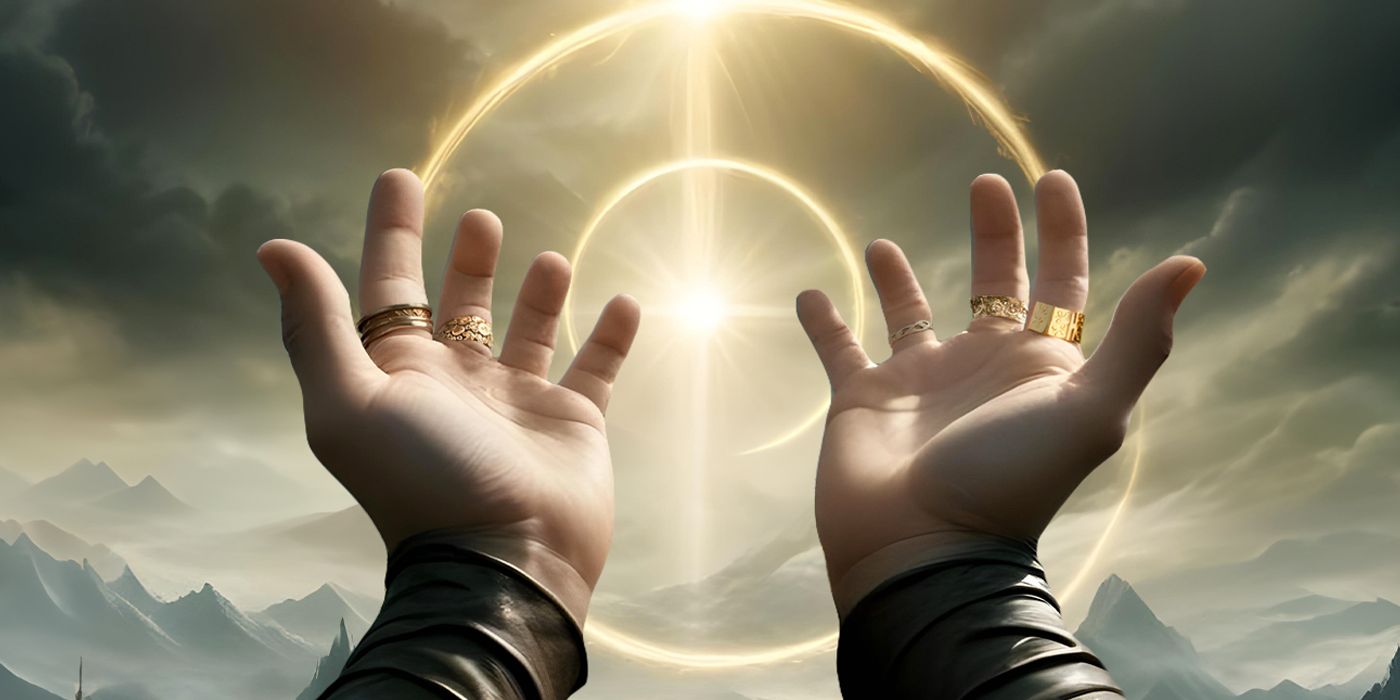 Two hands held up at the sky with rings of light behind it in a custom image for Rings of Power