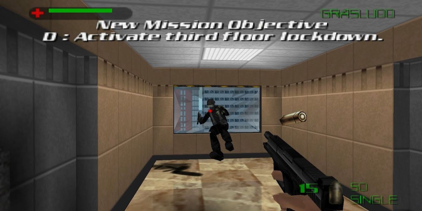 007 fires a pistol at a fleeing enemy in the '007: The World is Not Enough' video game