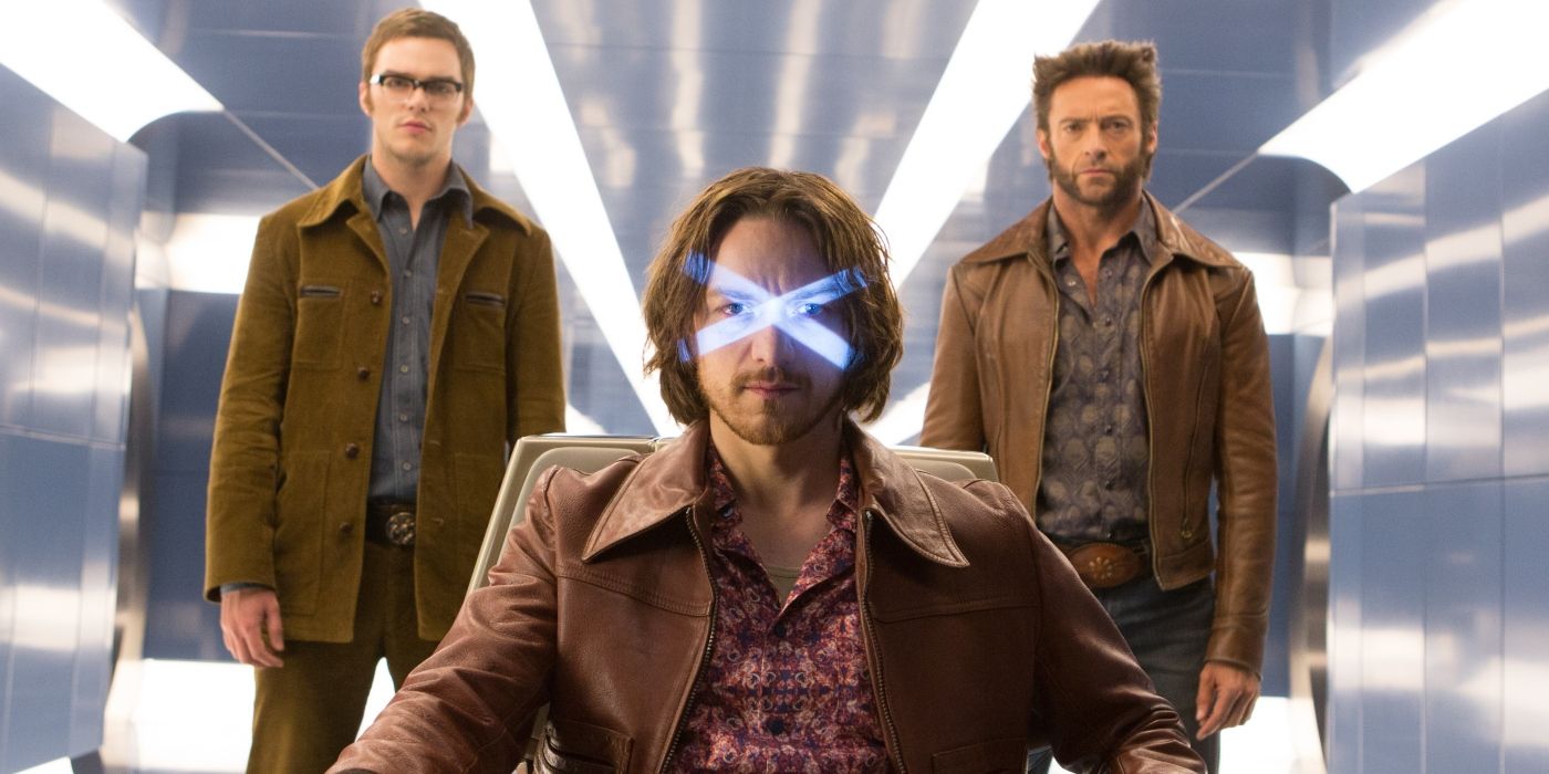 Beast, Professor X and Wolverine looking outwardly in brown jackets in X-Men Days of Future Past 