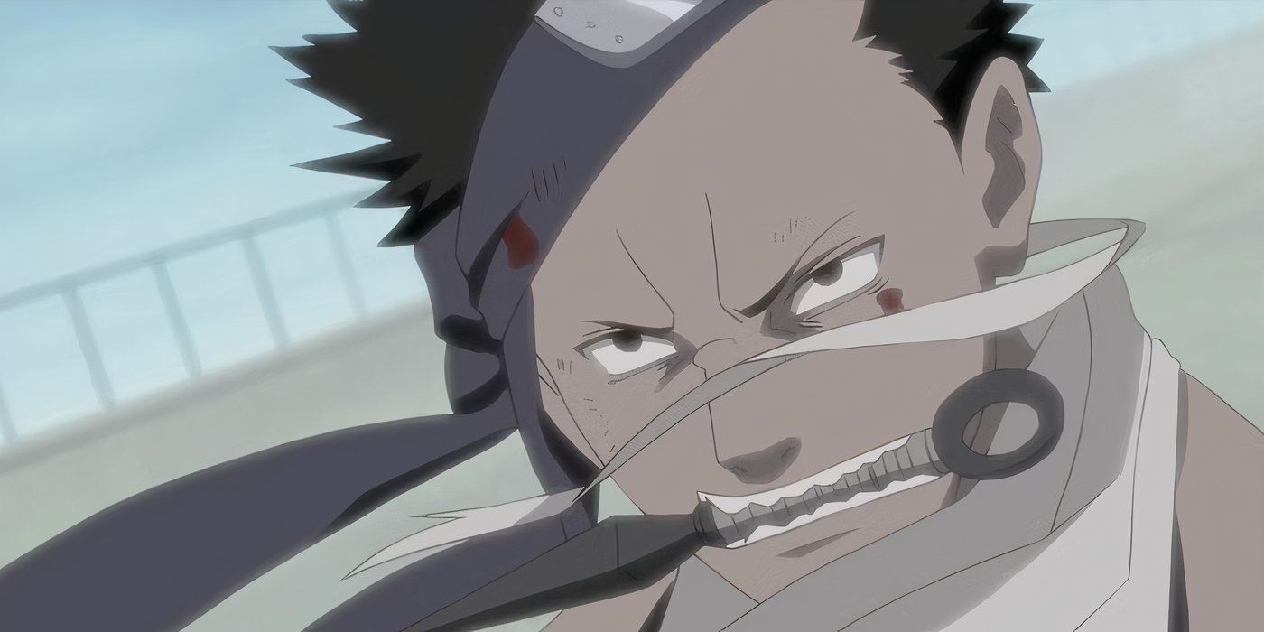 Zabuza holding kunai in his mouth in Naruto