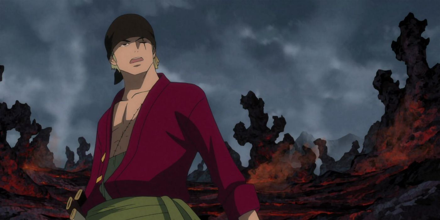 Zoro stands on a volcanic island in One Piece Film Z.