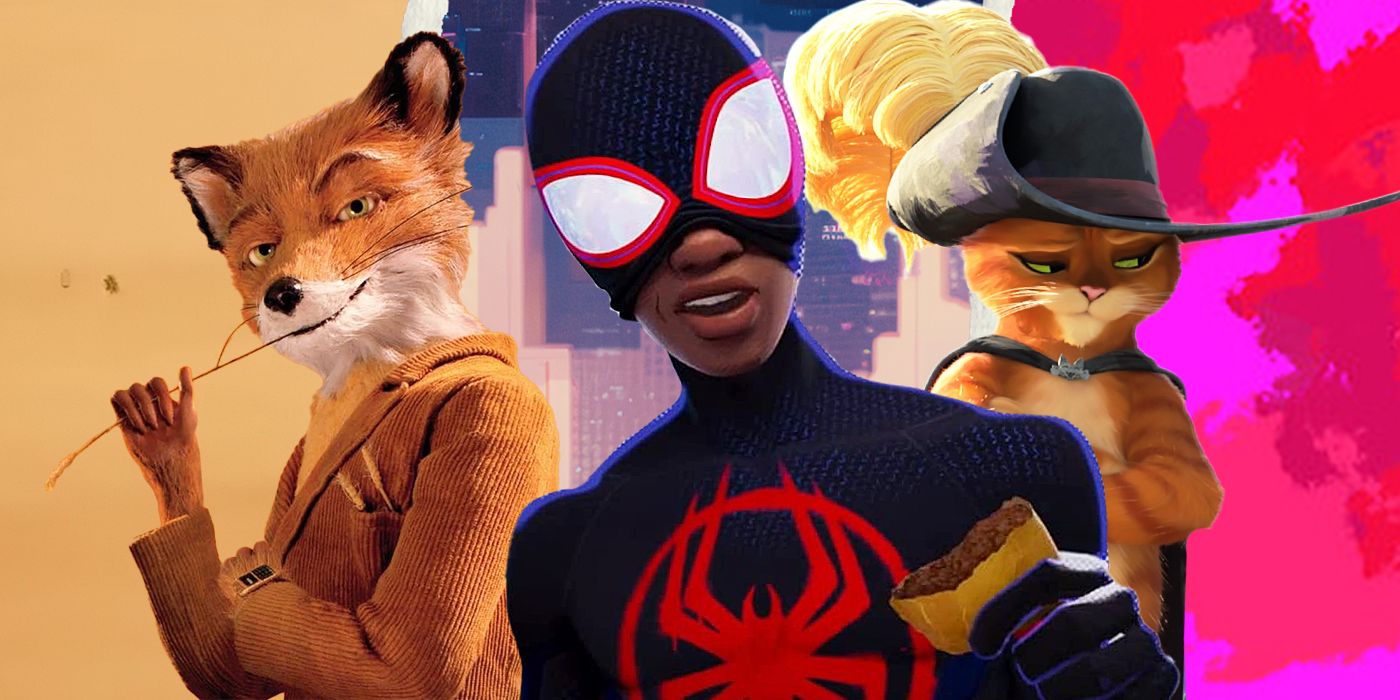 Blended image showing characters from Fantastic Mr. Fox, Spider-Man Into the Spider-Verse, and Puss in Boots: The Last Wish.