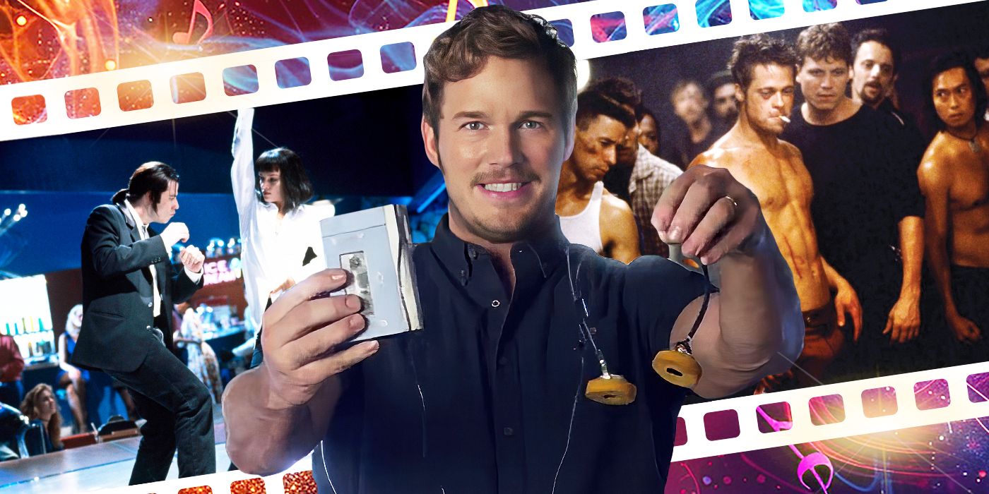 Blended image showing characters from Pulp Fiction and Fight Club plus Chris Pratt smiling and holding a Walkman.