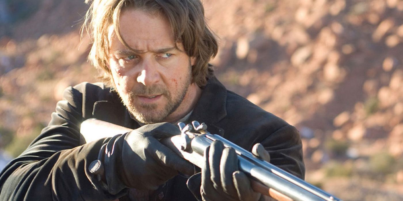 Russell Crowe as Ben Wade holds a shotgun in '3:10 to Yuma.'