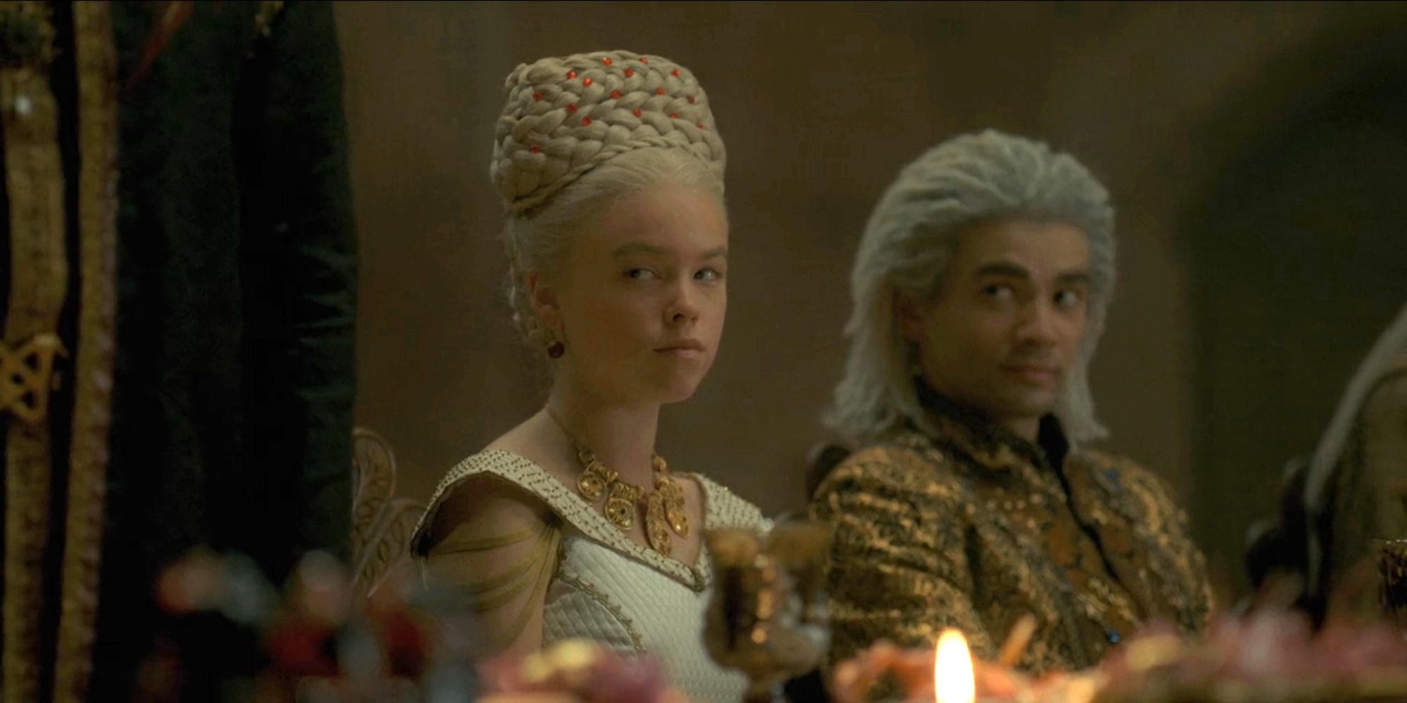 Rhaenyra (Milly Alcock) and Laenor (Theo Nate) at their wedding in season 1, episode 5.