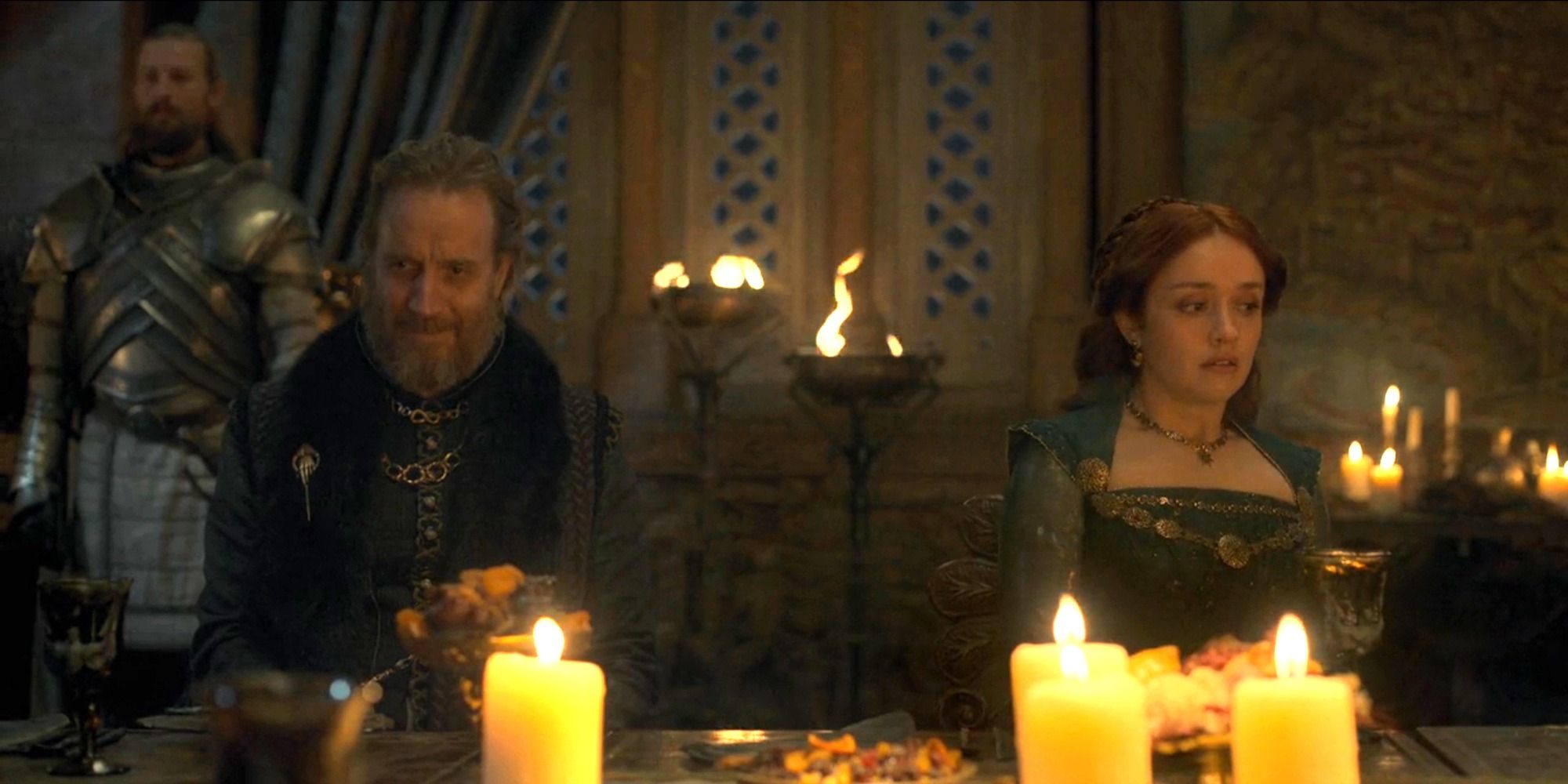 Otto (Rhys Ifans) and Alicent Hightower (Olivia Cooke) dining in season 1, episode 8.