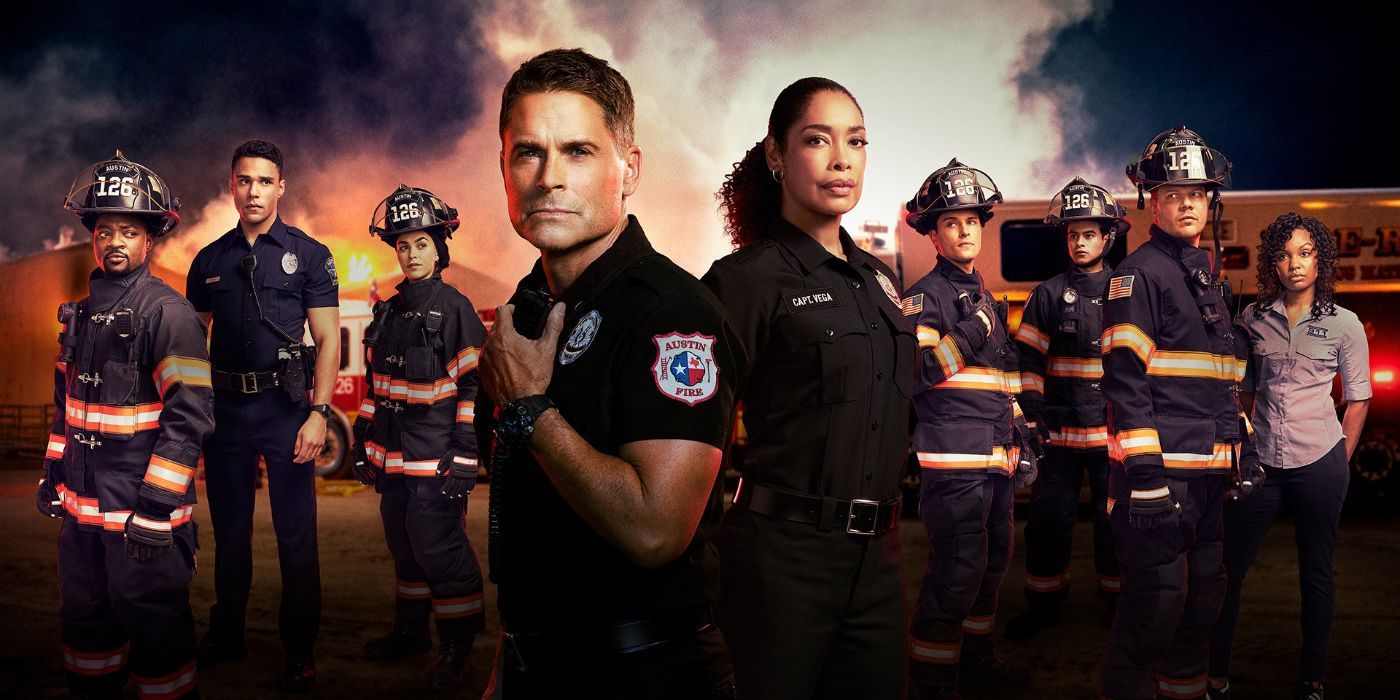  Lone Star promotional photo in firefighter uniforms and an emergency vehicle behind.