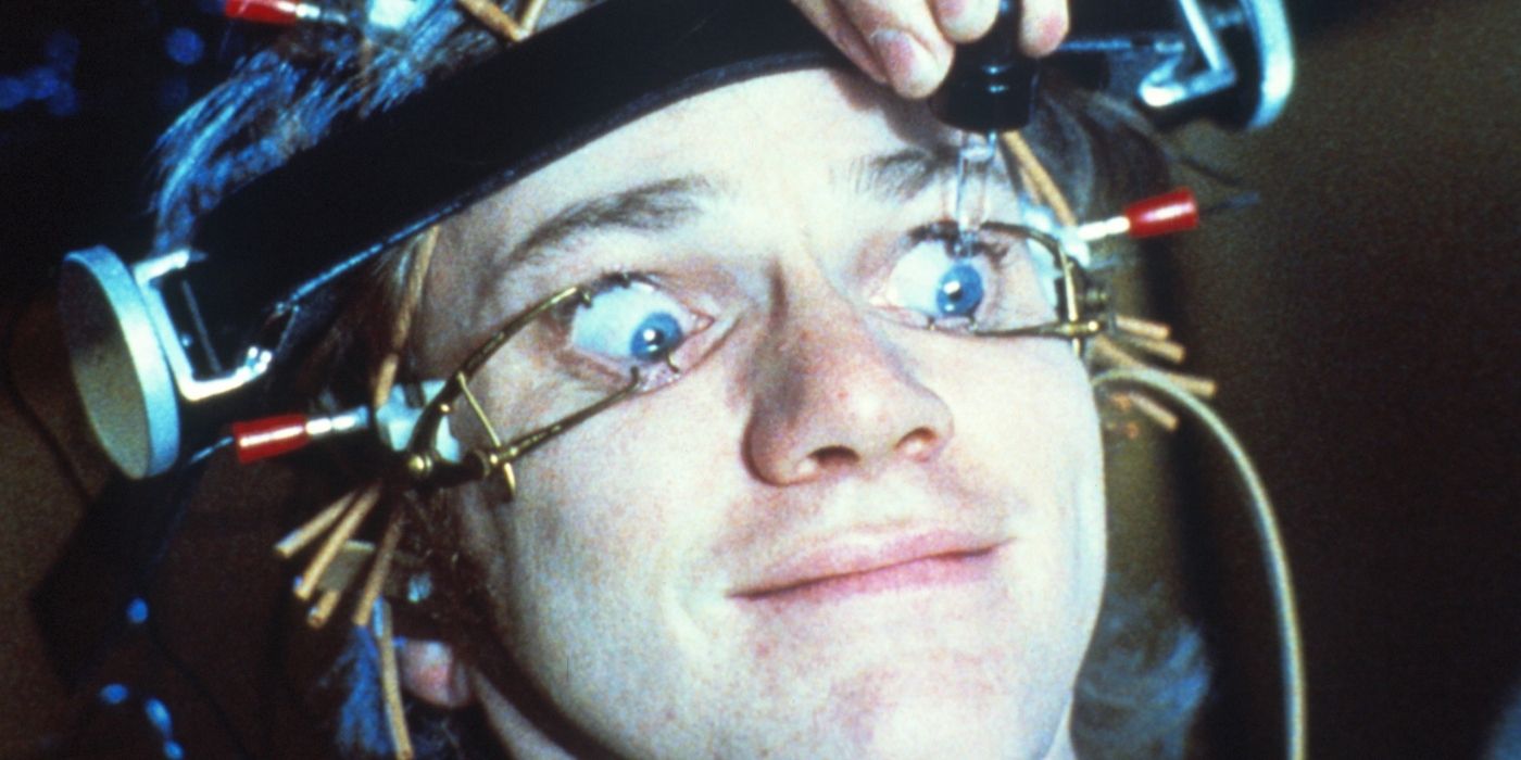 Malcolm McDowell's Alex having his eyes pried open in A Clockwork Orange