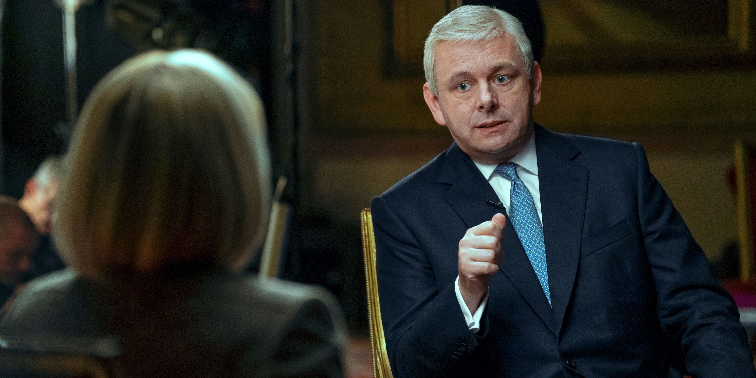 Michael Sheen as Prince Andrew talks to Emily Maitlis during the Newsnight interview