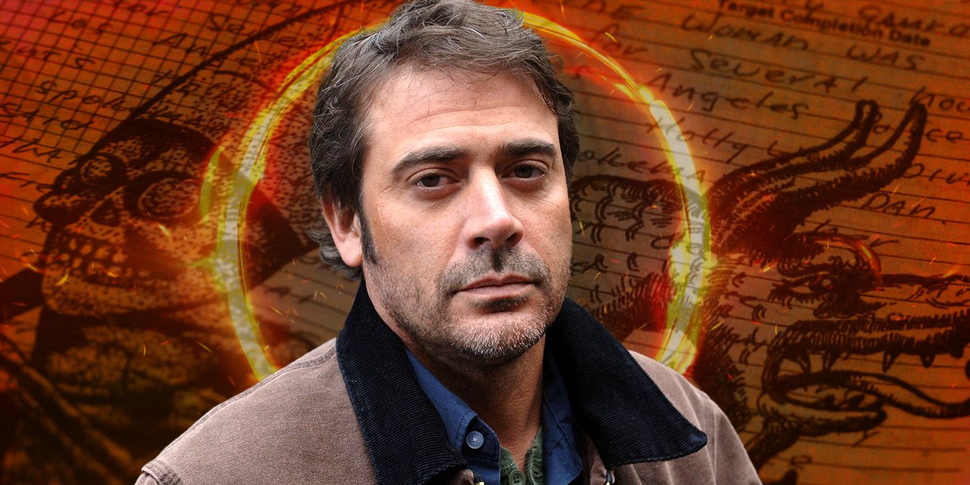 Jeffrey Dean morgan as John Winchester with a fiery ring and a journal in the background