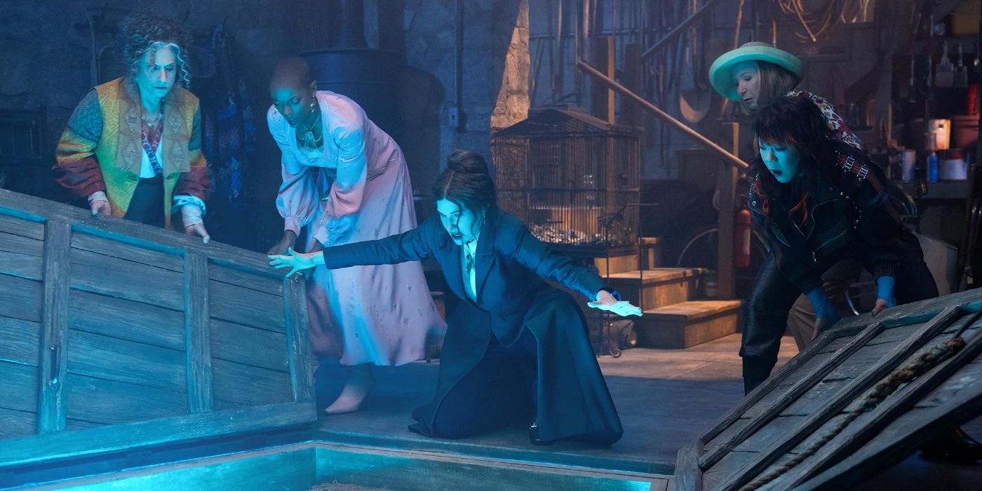 Agatha Harkness (Kathryn Hahn) and her coven unlocking the gate to the Witches' Road in &lsquo;Agatha All Along.'