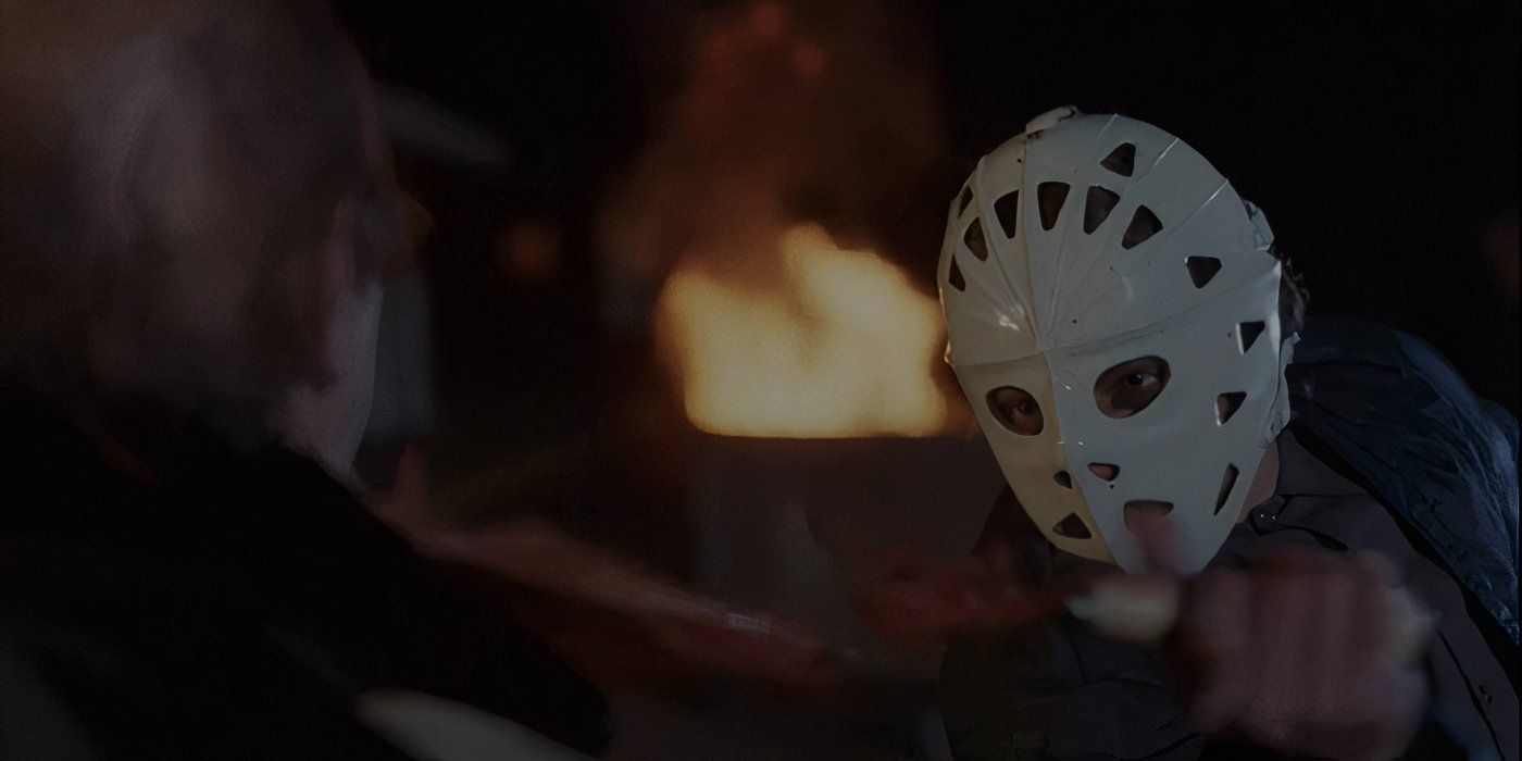 Phillip Clark as John Skagg (Bleeder) attacking a victim while wearing a hockey mask in Alone in the Dark 1982