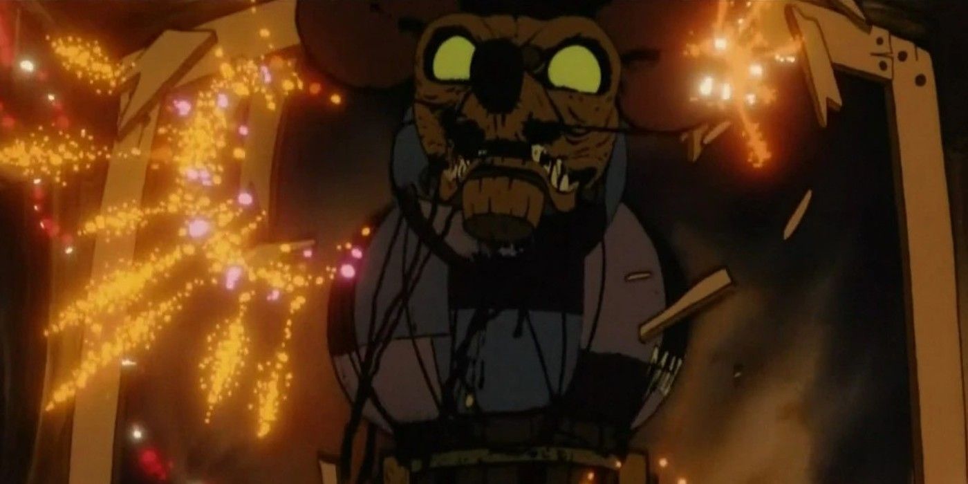 The giant mechanical mouse weapon, created by the mice to fight the cats, explodes in An American Tail