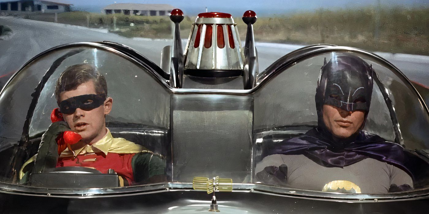 Batman driving the Batmobile while Robin uses the Batphone in the 1966 &lsquo;Batman&rsquo;.