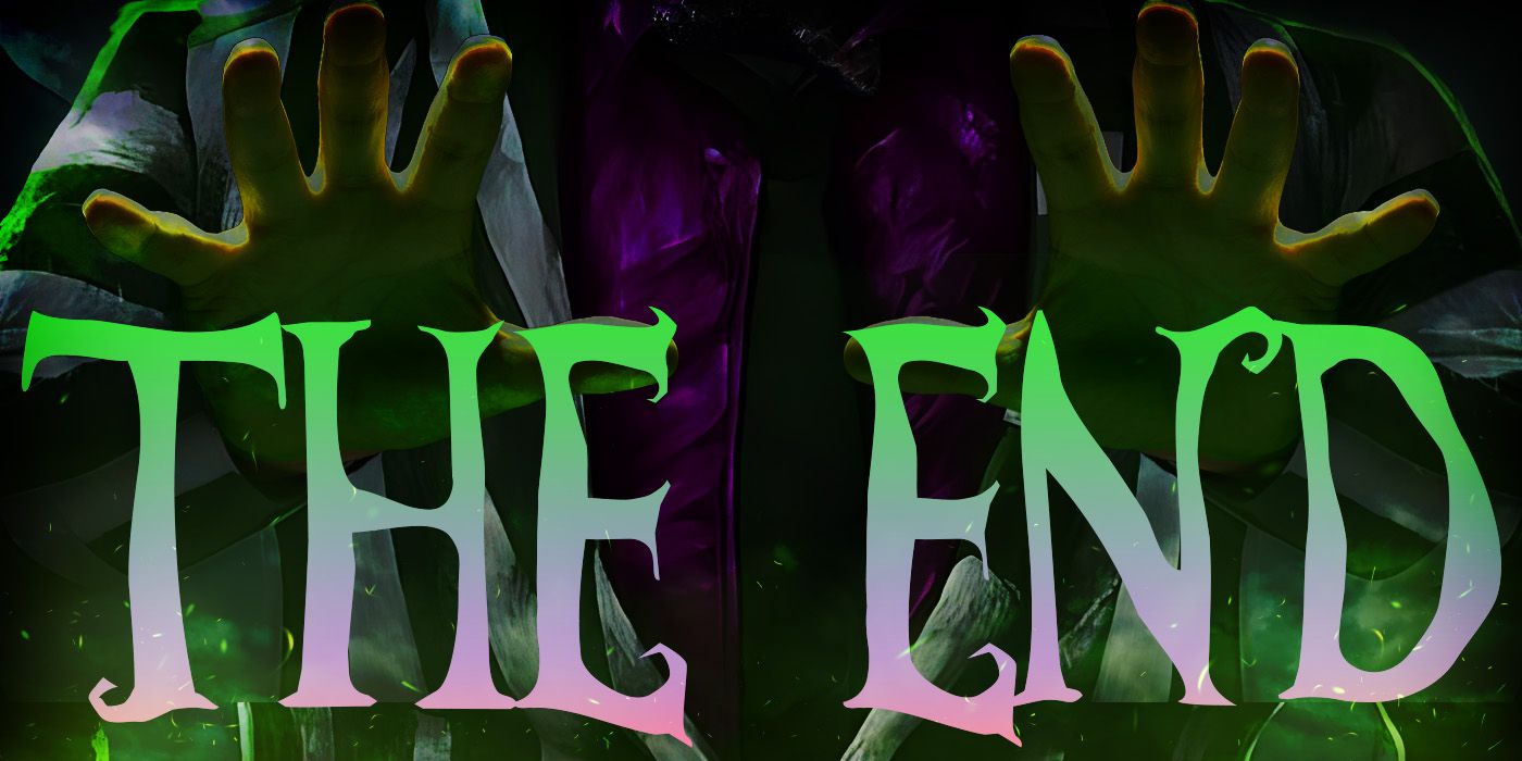 Ghoulish hands reaching out from a dark purple background with the words The End written across the image in a green to purple gradient.