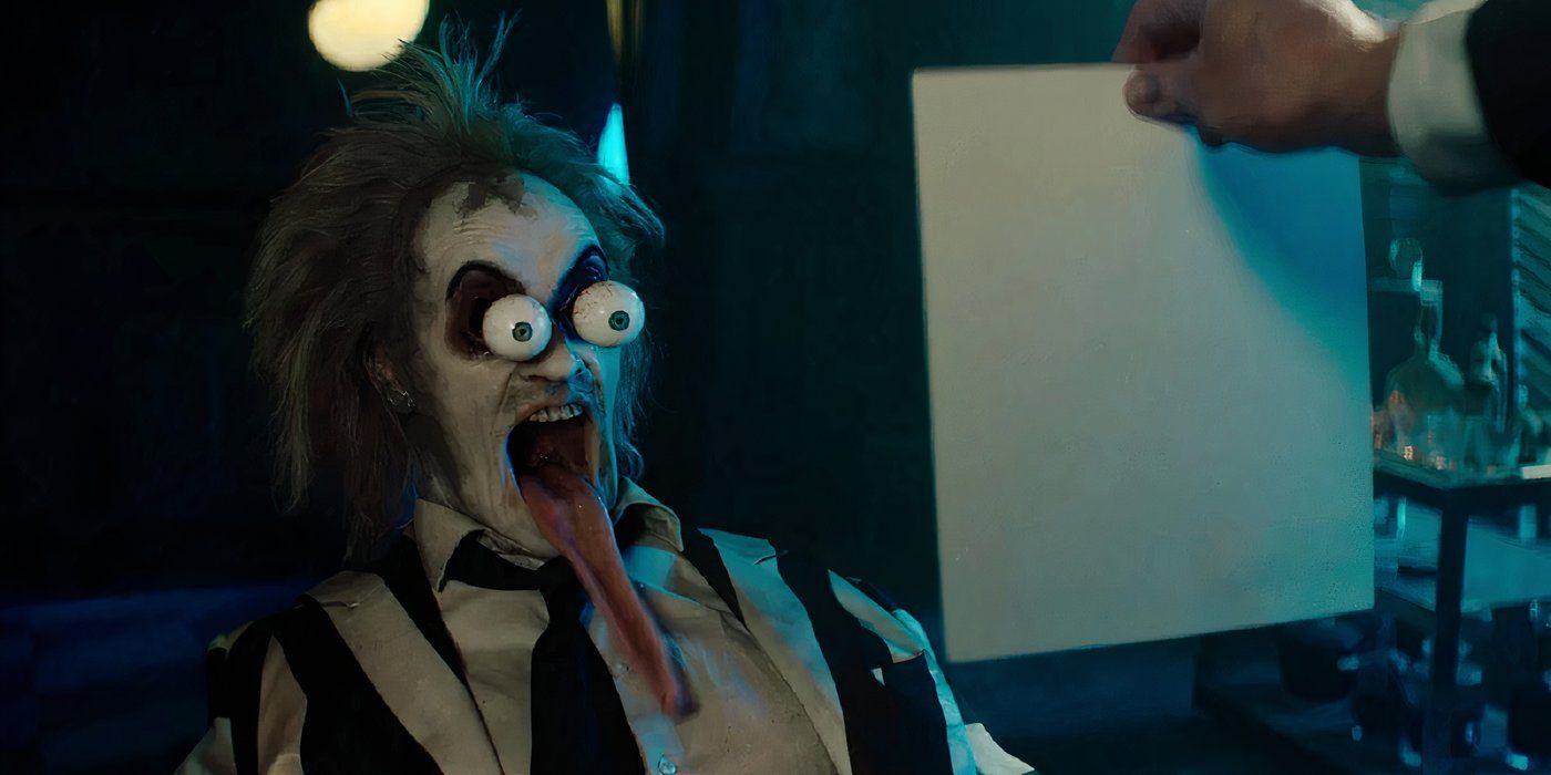 Betelguese with his eyeballs and tongue popping out like a cartoon in Beetlejuice Beetlejuice