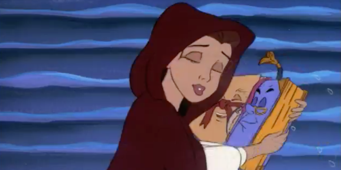 Belle hugs a sentient book, stack of papers, and quill