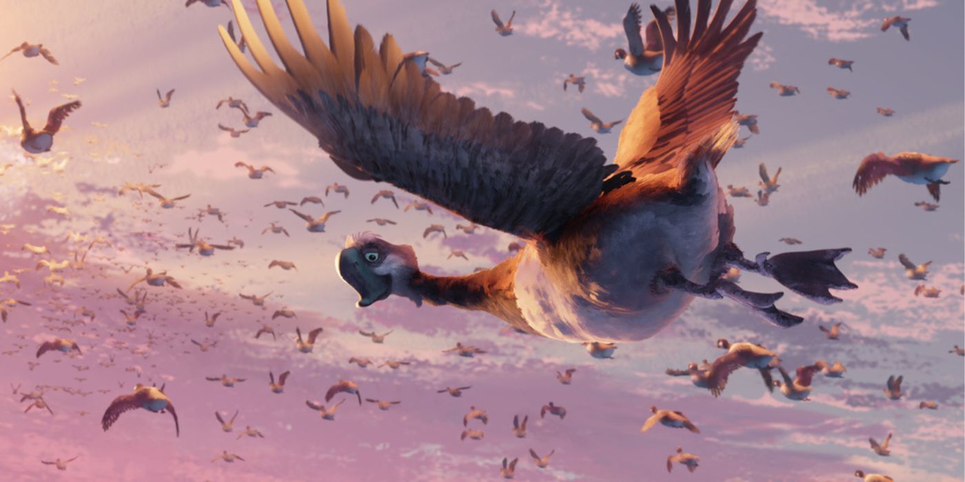 Bill Nighy as Longneck flying among other geese in The WIld Robot.